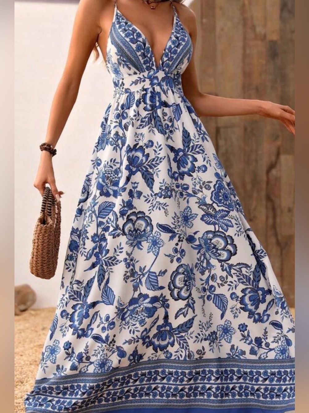 Beautiful blue and white halter style dress with low back NWT